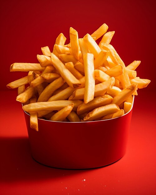 Foto fundo plano vermelho de batatas fritas