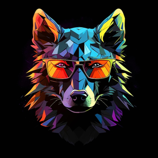 fundo preto cabeça de lobo poligonal usando óculos de sol futuristas Generative Ai