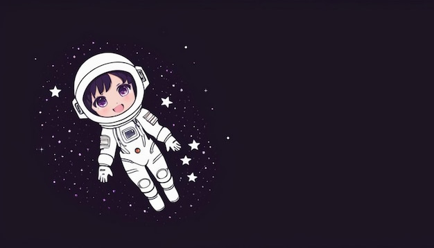 fundo preto com pequenas estrelas qualidade de anime Um mini astronauta em um terno branco e roxo