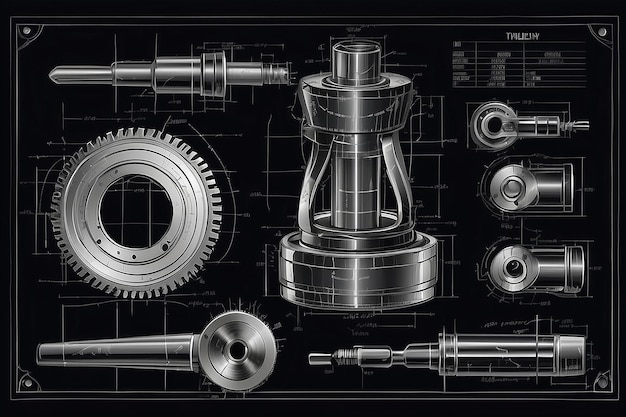 Foto fundo preto desenhos de engenharia mecânica cortador de fresagem plano de projeto técnico