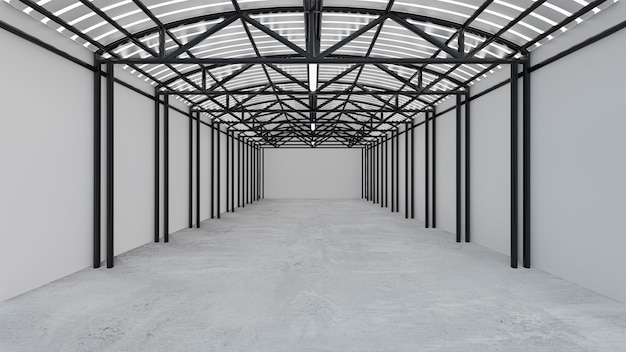 Fundo preto e branco do armazém com piso de concreto em vista em perspectiva. Renderização de ilustração 3D.