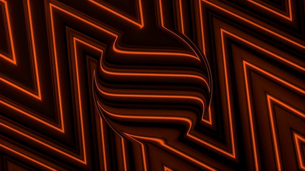 Fundo preto e laranja abstrato com uma silhueta esférica e um padrão de zigzag em forma de movimento redondo