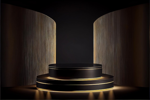 Fundo preto e suporte do pódio do produto com anel de ouro na parte inferior