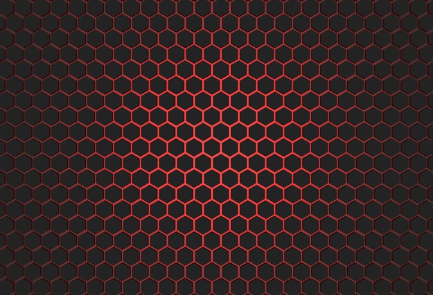 fundo preto hexágono com renderização de ilustração 3d de luz vermelha para design de negócios de design