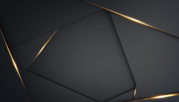 Fundo preto poligonal abstrato e luxuoso com detalhes em ouro. Moldura para texto. Renderização 3D. Modelo de design, banner.