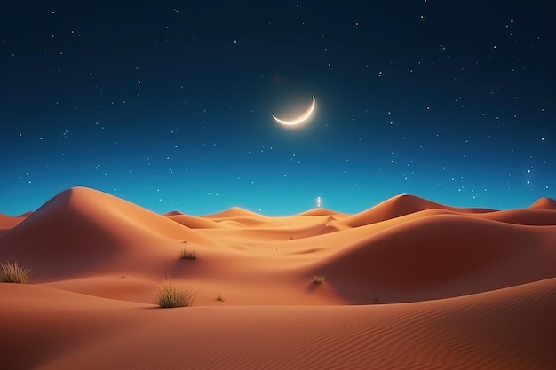 fundo radiante brilhante de Eid al Fitr o dia sagrado com a lua e estrelas na noite do deserto