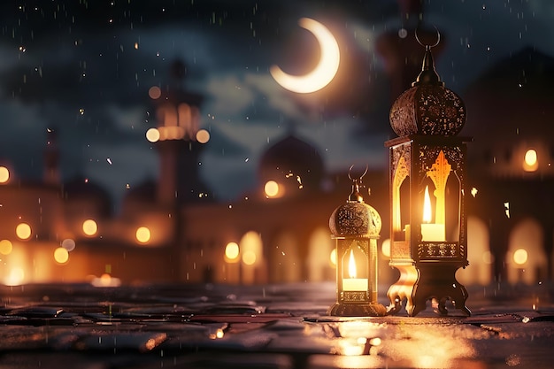 Fundo realista de Eid Mubarak com velas e mesquita