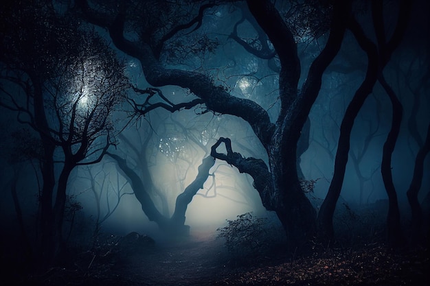 Fundo realista de halloween com paisagem assustadora da floresta de fantasia do céu noturno na ilustração do luar