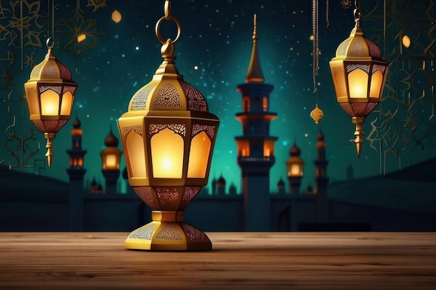 Fundo realista de Ramadã com mesquita, lua, estrelas, lanterna e bokeh