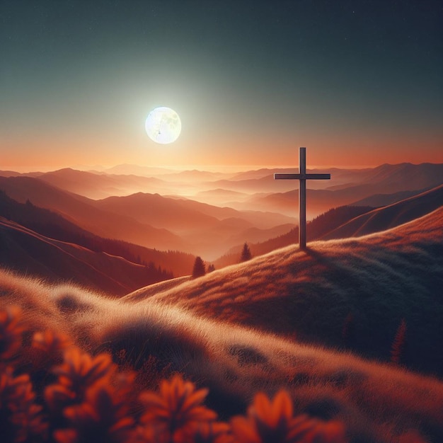Fundo realista de uma cruz de madeira em pé em uma colina