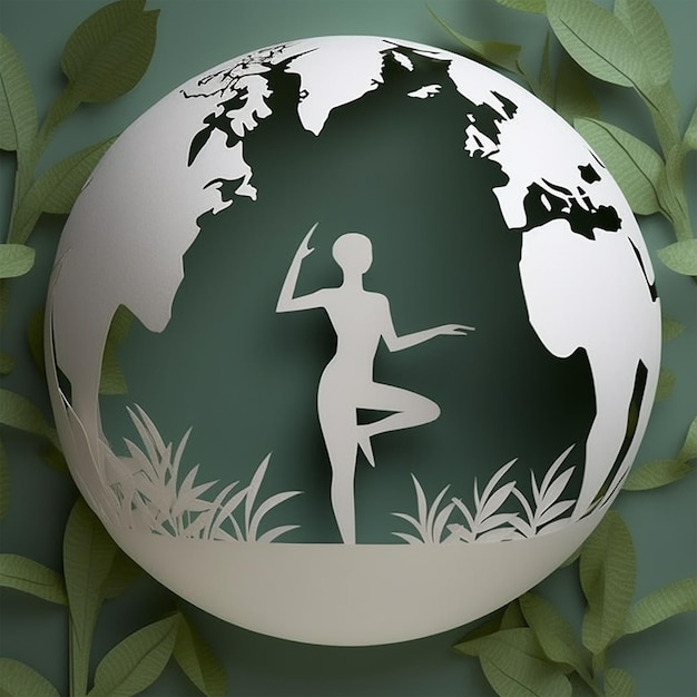 Fundo renderizado em 3D de Lady em uma pose de Yoga na natureza com estilo de corte de papel