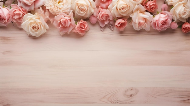Fundo romântico com rosas em uma mesa de madeira