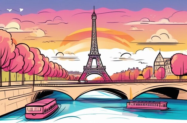 Foto fundo romântico torre eiffel com barcos no rio sena, em paris, frança ilustração