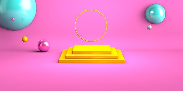 Fundo rosa abstrato com pódio de forma geométrica amarela para o produto. conceito mínimo. renderização 3d. cena com formas geométricas. renderização de ilustração 3d