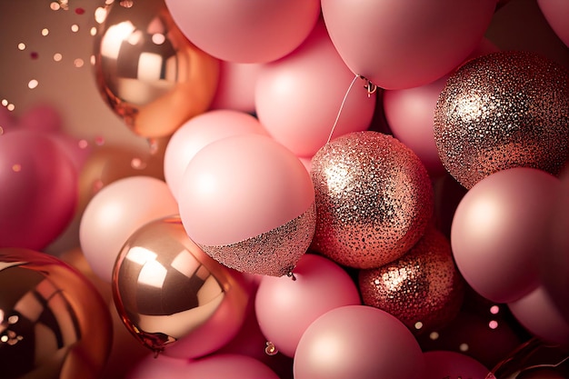 Fundo rosa com balões, confetes, brilhos, luzes. aniversário. festa de despedida,