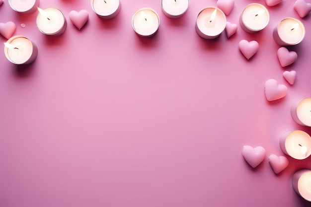 Fundo rosa com espaço vazio com velas em forma de coração rosa na vista superior lateral IA generativa