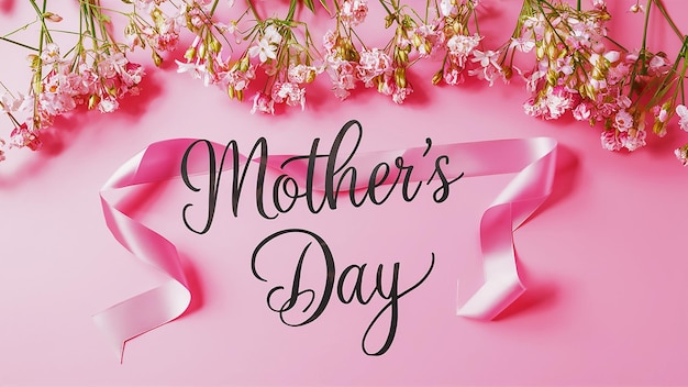 fundo rosa com uma fita que diz dia da mãe