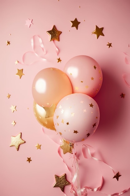 Fundo rosa de balão de festa com estrelinhas douradas Illustrator AI Generative