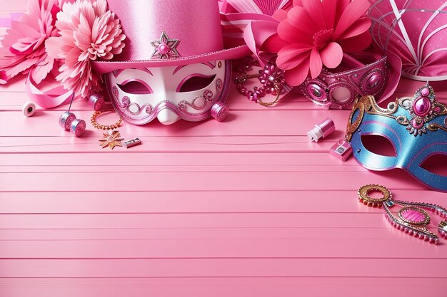 Foto fundo rosa de cópia de espaço e acessórios de carnaval