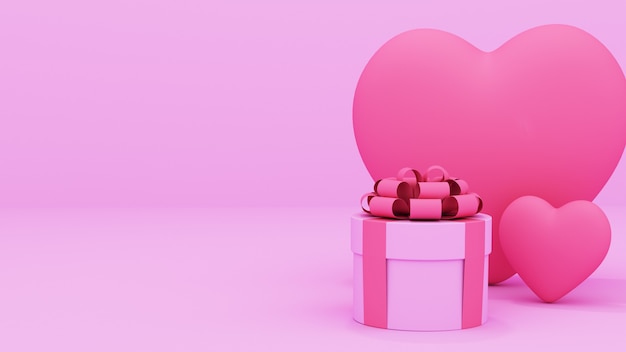 Fundo rosa de venda de dia dos namorados. composição com caixas de presente e corações. 3d render