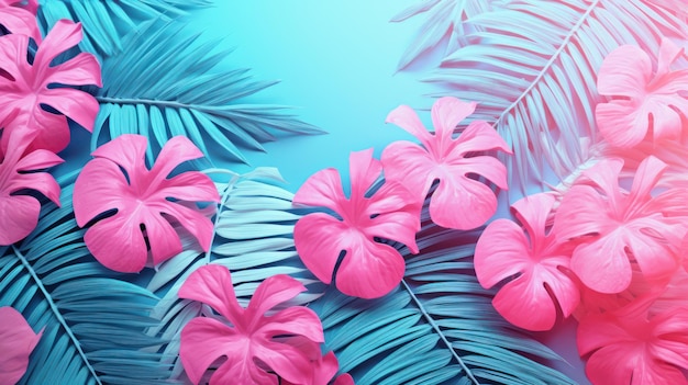 Foto fundo rosa e azul com folhas tropicais