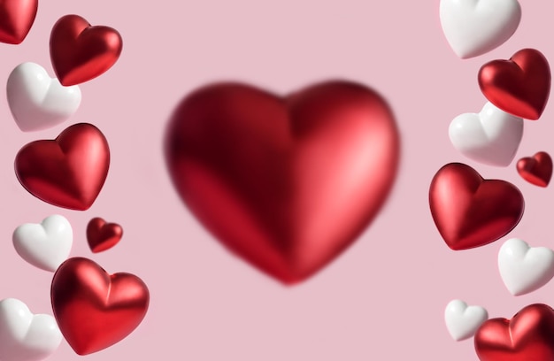 Fundo rosa festivo com símbolos de coração de cor vermelha e branca