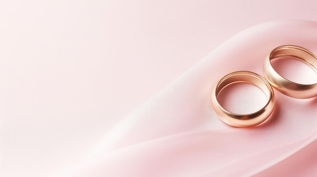 Foto fundo rosa pastel com espaço de cópia e anéis de casamento dourados