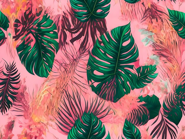 Fundo rosa tropical abstrato com plantas brilhantes e folhas AI generativa