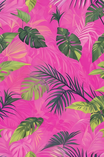 Fundo rosa tropical abstrato com plantas brilhantes e folhas generativas A