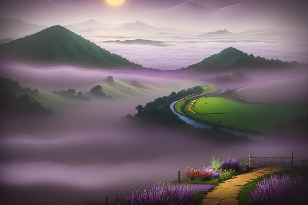 Fundo roxo aquarela chinesa ilustração de paisagem montanha rio grama papel de parede de anime