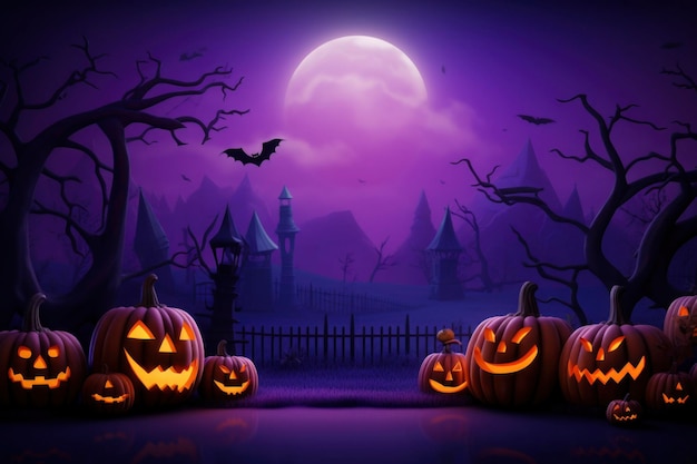 Fundo roxo de Halloween com design simples de personagens essenciais com espaço de cópia