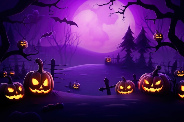 Fundo roxo de Halloween com design simples de personagens essenciais com espaço de cópia