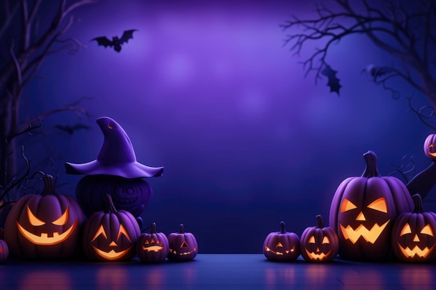 Fundo roxo de Halloween com design simples de personagens essenciais com espaço de cópia