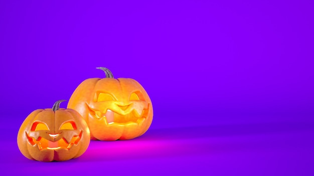 Fundo roxo do conceito de Halloween com lanternas de abóbora laranja renderização em 3d