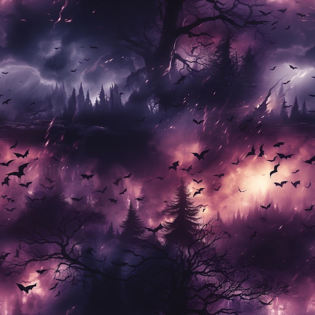 Foto fundo roxo e preto com um bando de morcegos voando no céu generativo ai