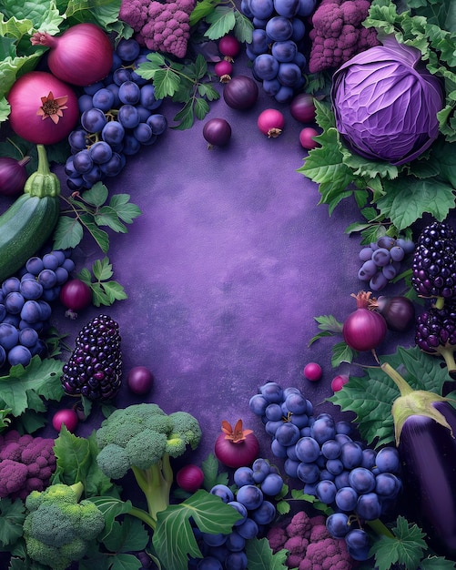 fundo roxo frutas brilhantes legumes maçãs uvas verdes mirtilos berinjela romã