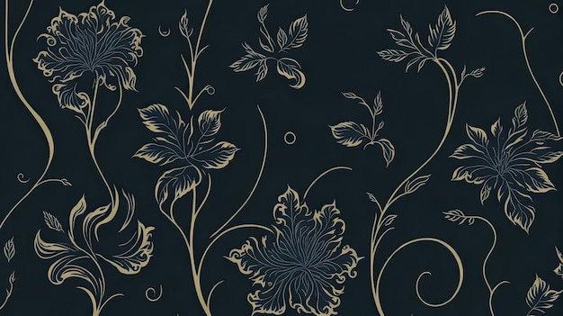 Fundo sem costura de um ornamento floral dourado em papel de parede moderno verde escuro ou têxtil papel de parede retrô floral redemoinho