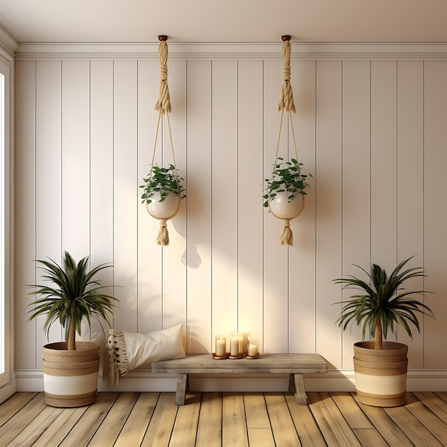 fundo Shiplap parede com uma fileira de pendurados Macrame plant holders Coa materiais populares criativos