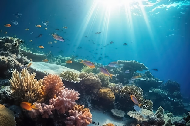 Fundo subaquático da paisagem do recife de coral no oceano azul profundo das Maldivas AI