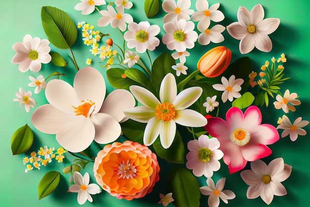 Fundo surpreendente de flores da primavera Vista superior realista Generative Ai