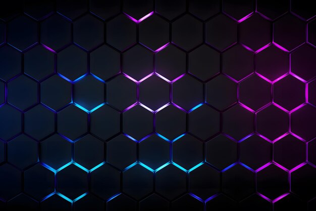 Fundo tecnológico abstrato com parede de hexágonos ou favo de mel com luz de néon atrás deles