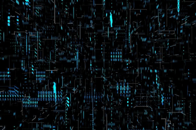 Fundo tecnológico escuro abstrato com visualização de big data e renderização 3D de código binário