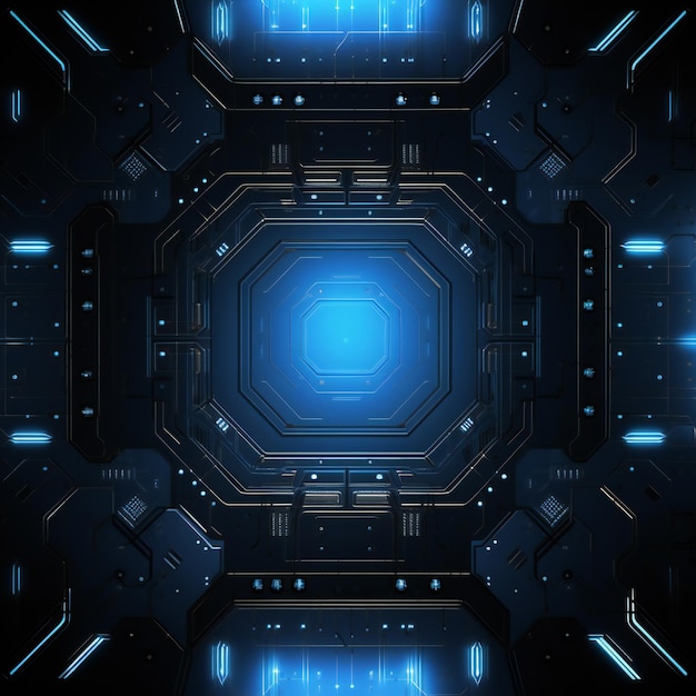 Fundo tecnológico futurista de metal abstrato preto com luz azul brilhante