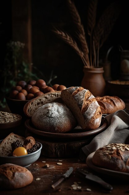 Fundo temático com uma variedade de pães artesanais recém-assados