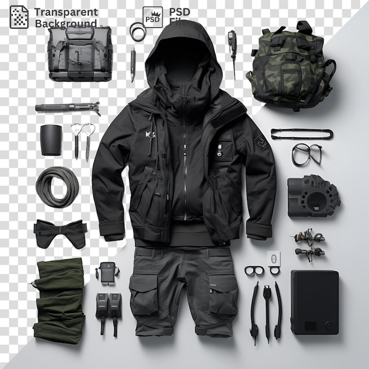 Foto fundo transparente com conjunto militar isolado com uma arma preta óculos pretos jaqueta preta e calças pretas e cinzentas contra uma parede branca