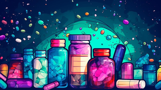 Fundo transparente com garrafas de aquarela com medicamentos Ilustrador AI generativo