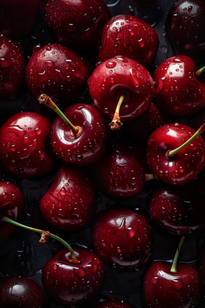 Fundo transparente de cerejas frescas adornado com gotas brilhantes de água