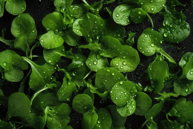 Fundo transparente de salada verde fresca adornado com gotas brilhantes de água gerada por IA