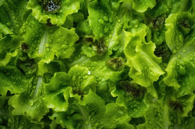 Fundo transparente de salada verde fresca adornado com gotas brilhantes de água gerada por IA