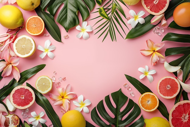 Fundo tropical com frutas e flores e espaço para texto